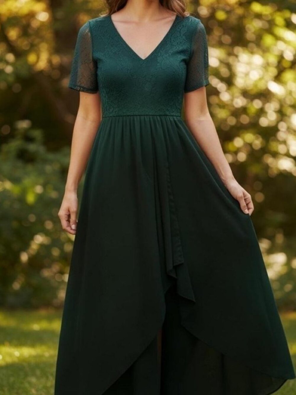 Green Lace Maxi Dress — Ruffle Hem
